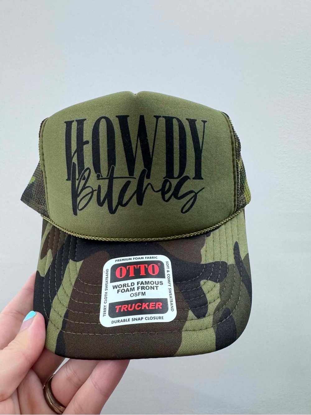 OTTO Olive & Camo Trucker Hat with "Howdy Bitches" Print
